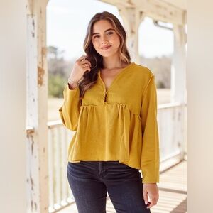 Zara Mustard Yellow Peplum Babydoll V-Neck Long Sleeve Top M